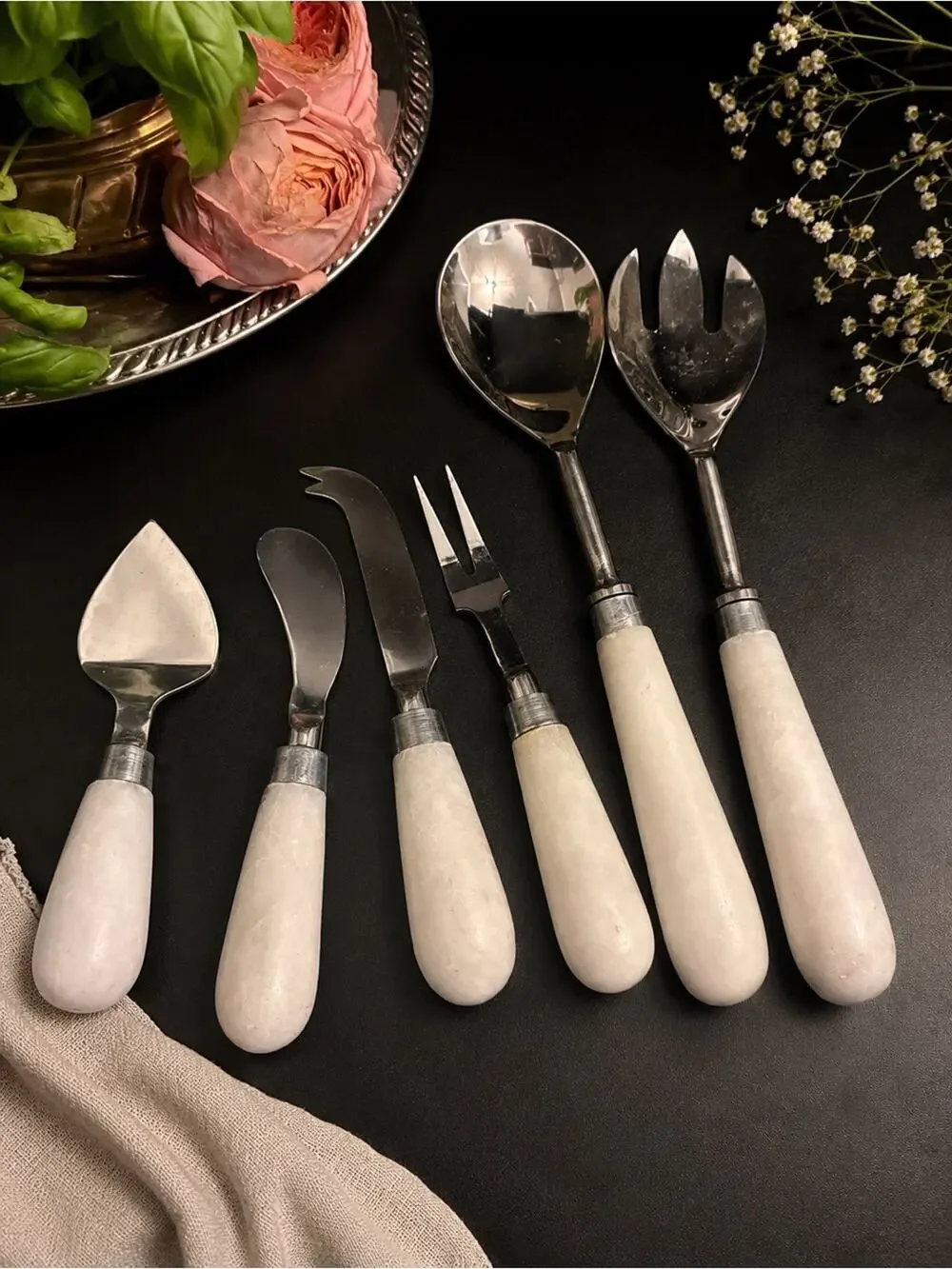 Vintage Alabaster Cheese Knife & Salad Serving Set | Quiet Luxury Grandmillenial